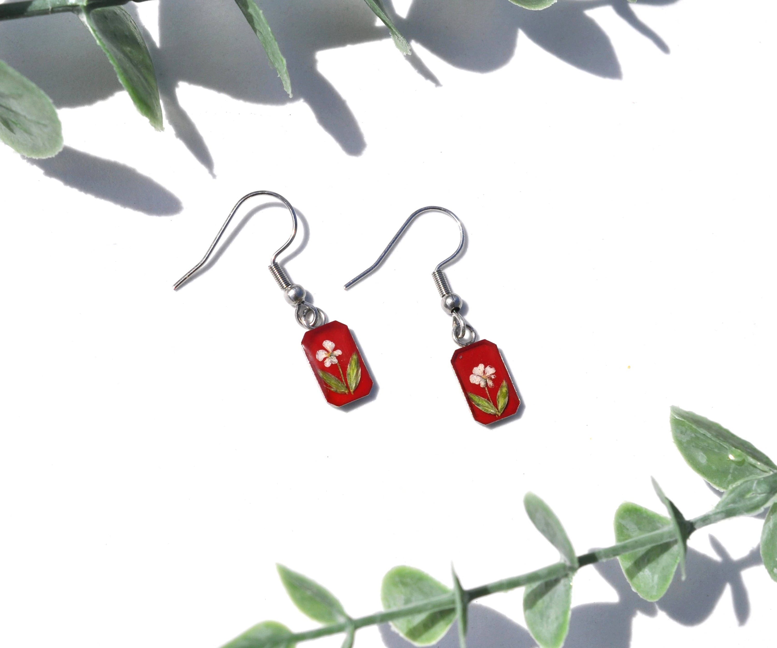 Pressed Flower Tiny Rectangle Earrings