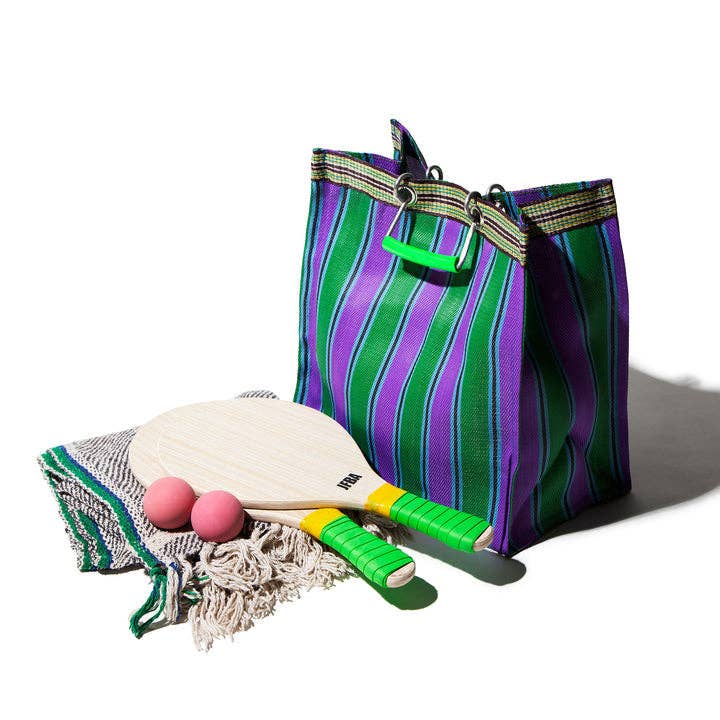 RECYCLED PLASTIC STRIPE BAG - Square: Red x Blue