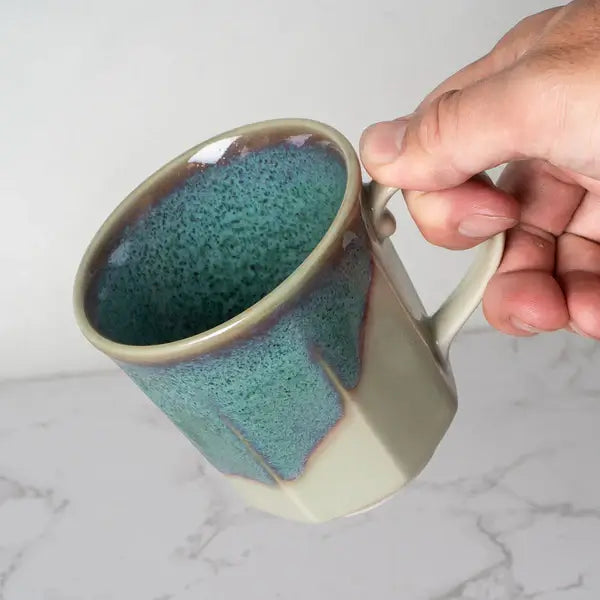 9oz 3.75"H Green Flow Reactive Glaze Porcelain Octagon Mug