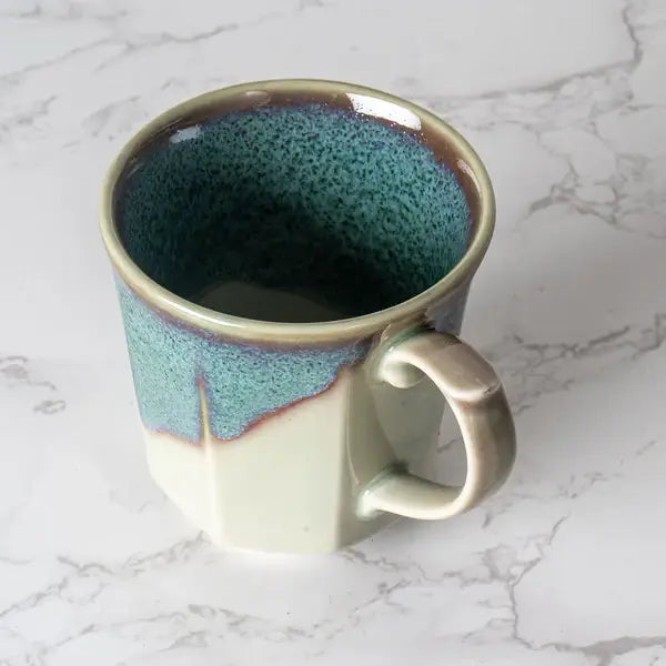 9oz 3.75"H Green Flow Reactive Glaze Porcelain Octagon Mug