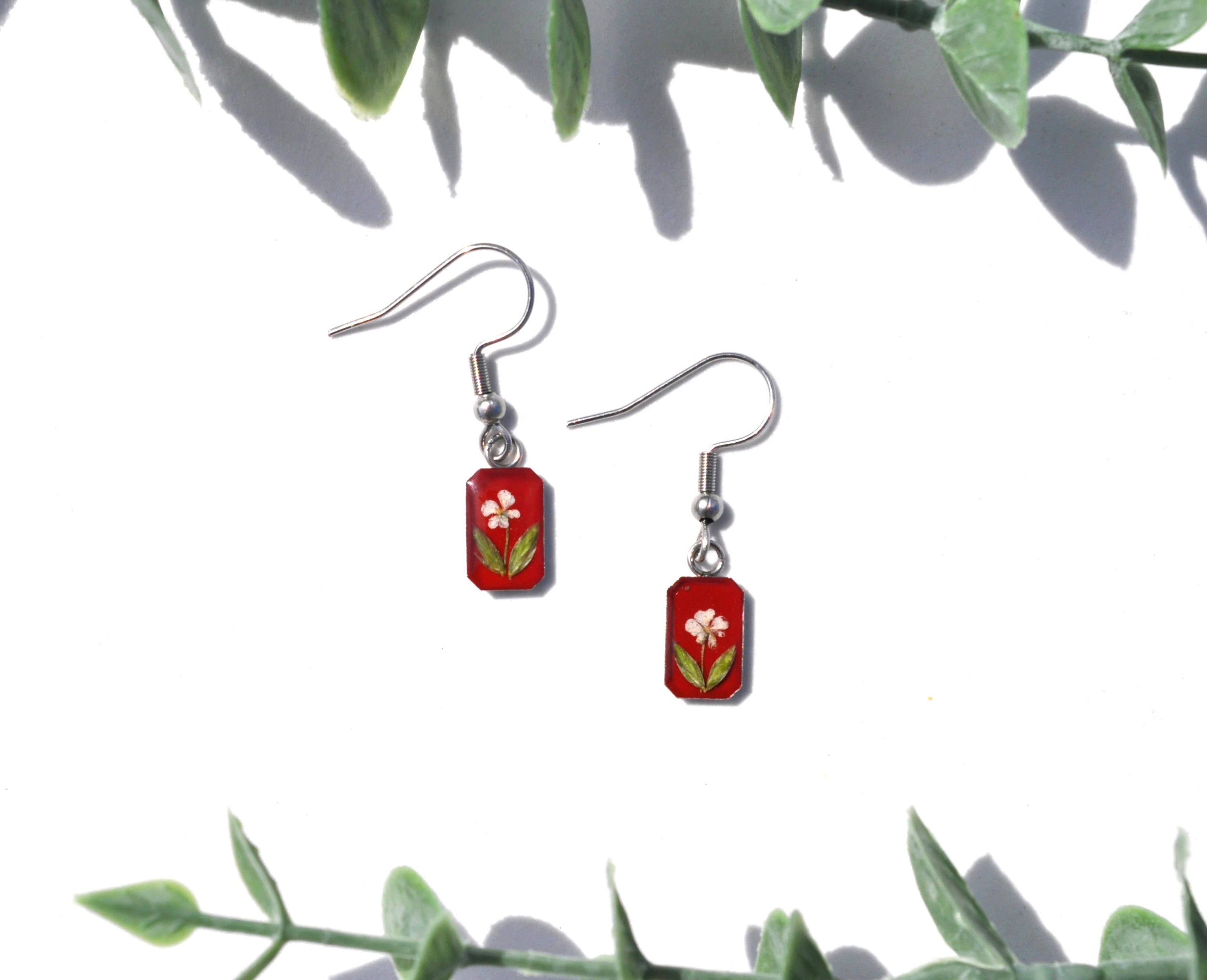 Pressed Flower Tiny Rectangle Earrings