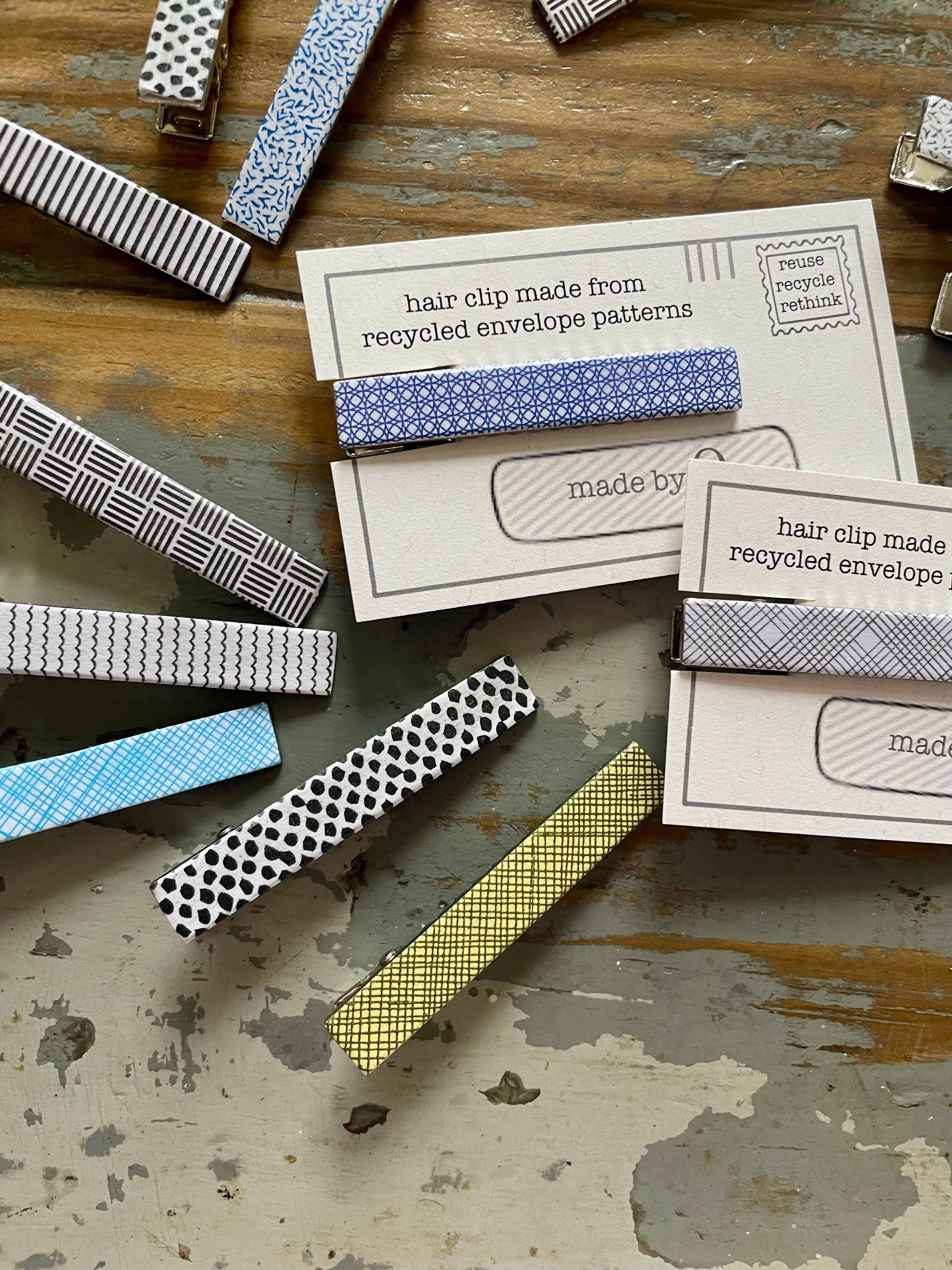 Hair clip recycled envelope pattern