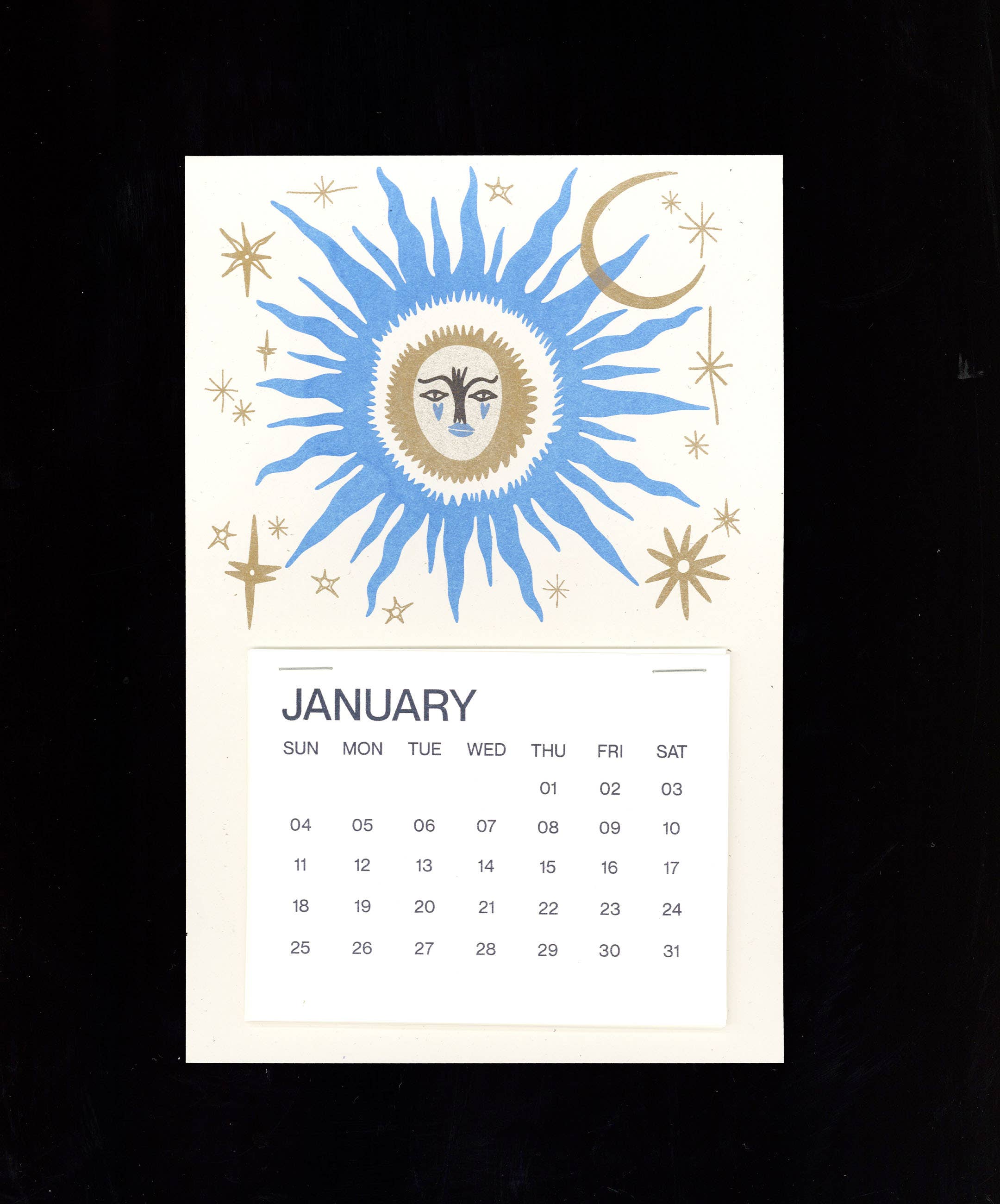 Vintage Blue Sun Risograph Tear-Off Calendar 2026